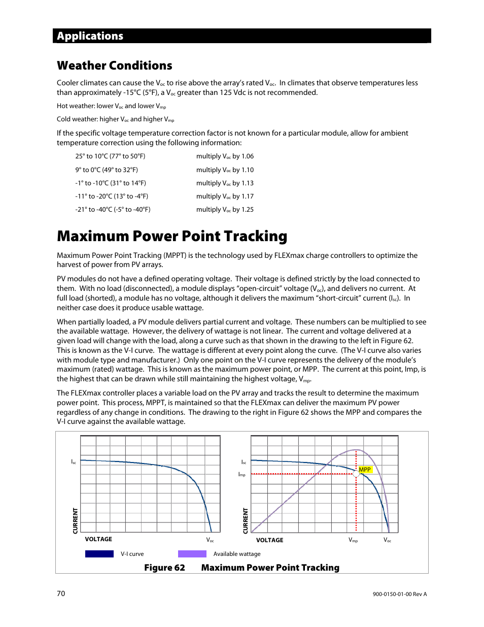 Maximum power point tracking, Weather conditions, Applications | Figure 62 maximum power point tracking | Outback Power Systems FLEXmax Extreme Owners Manual User Manual | Page 72 / 84