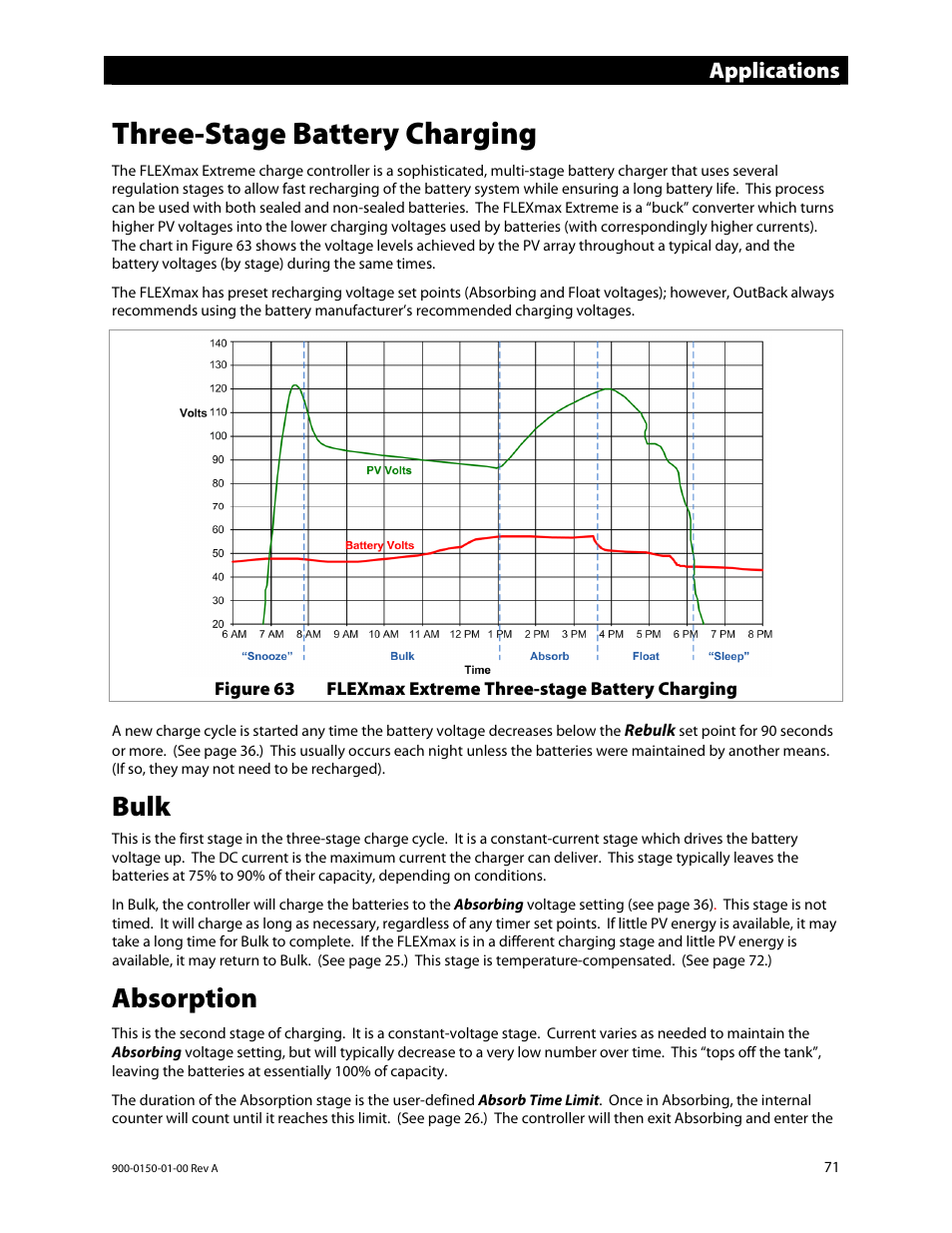 Three-stage battery charging, Bulk, Absorption | Applications | Outback Power Systems FLEXmax Extreme Owners Manual User Manual | Page 73 / 84