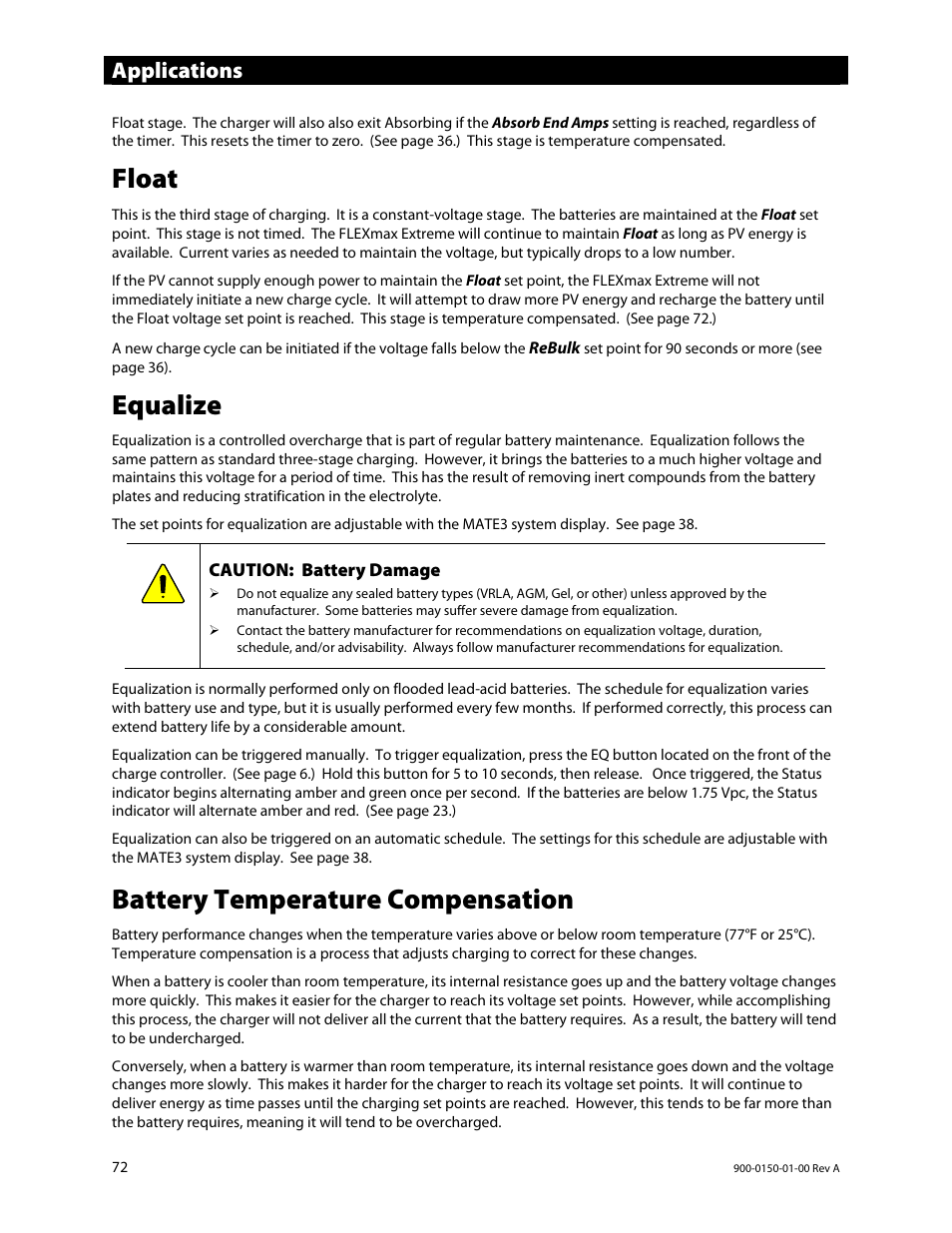 Float, Equalize, Battery temperature compensation | Applications | Outback Power Systems FLEXmax Extreme Owners Manual User Manual | Page 74 / 84