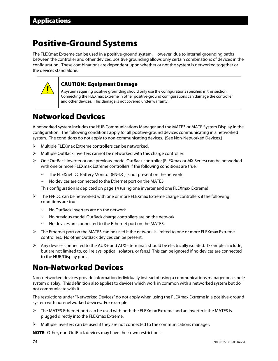 Positive-ground systems, Networked devices, Non-networked devices | Applications | Outback Power Systems FLEXmax Extreme Owners Manual User Manual | Page 76 / 84