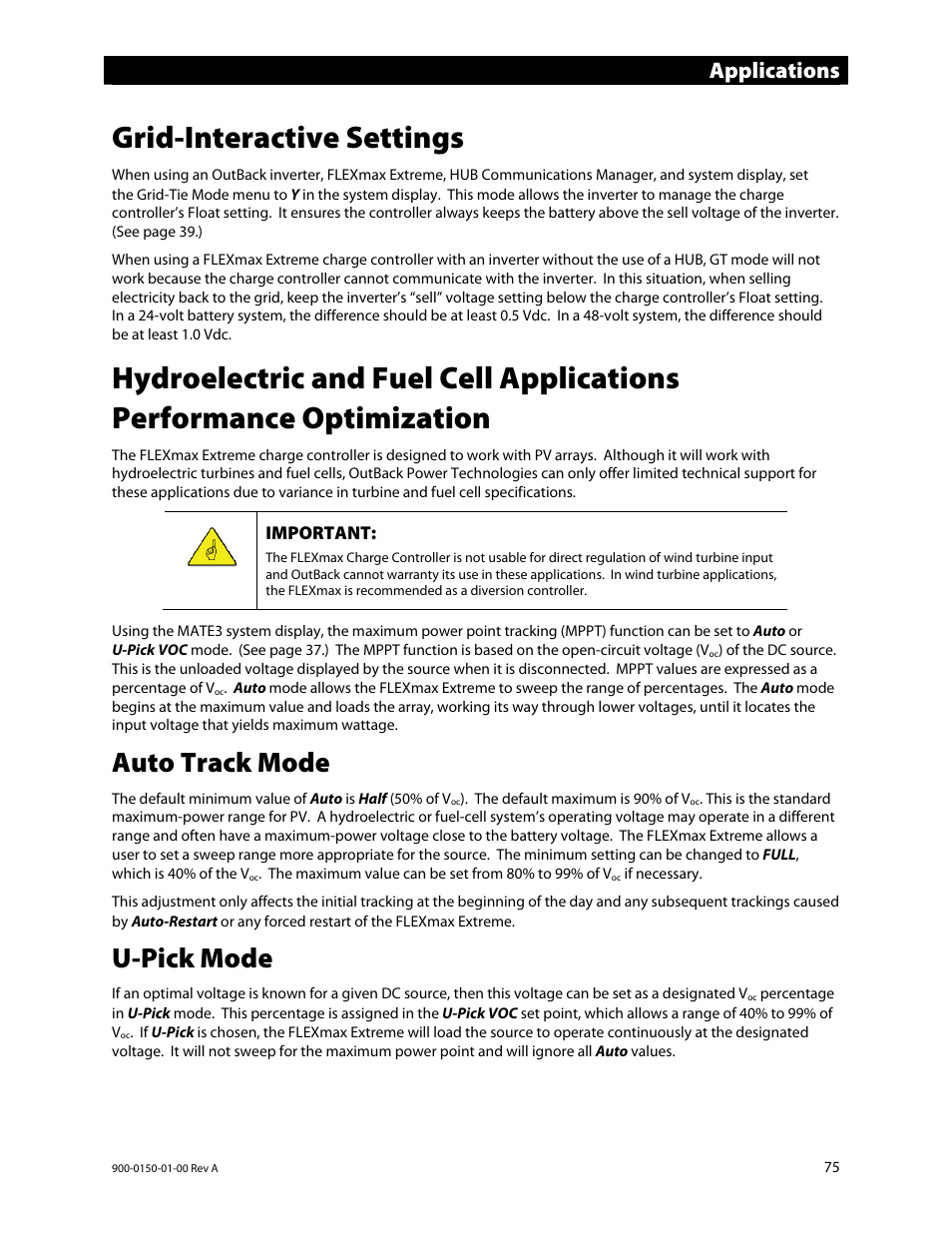 Grid-interactive settings, Auto track mode, U-pick mode | Applications | Outback Power Systems FLEXmax Extreme Owners Manual User Manual | Page 77 / 84