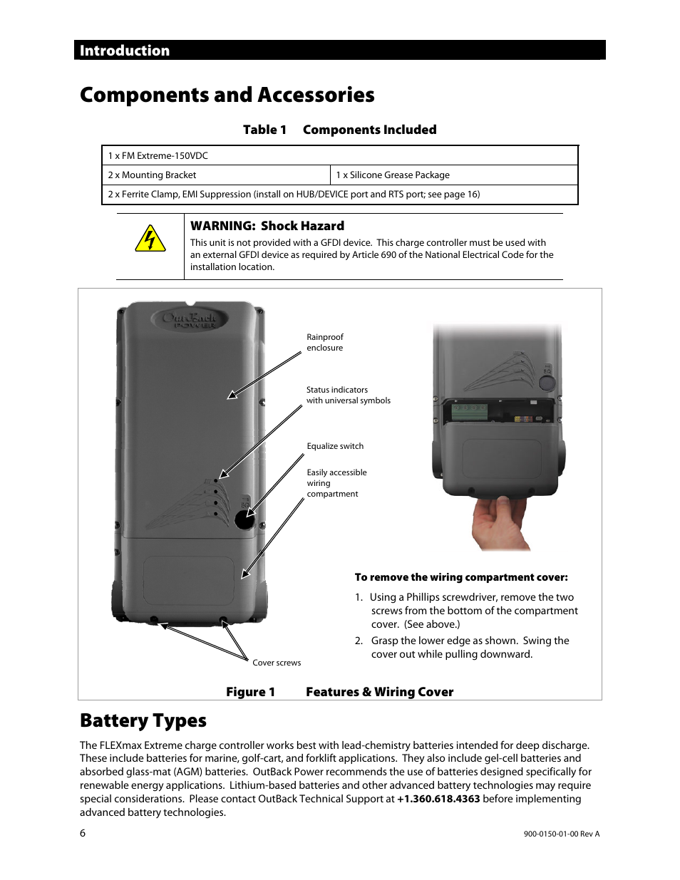 Components and accessories, Battery types, Introduction | Outback Power Systems FLEXmax Extreme Owners Manual User Manual | Page 8 / 84