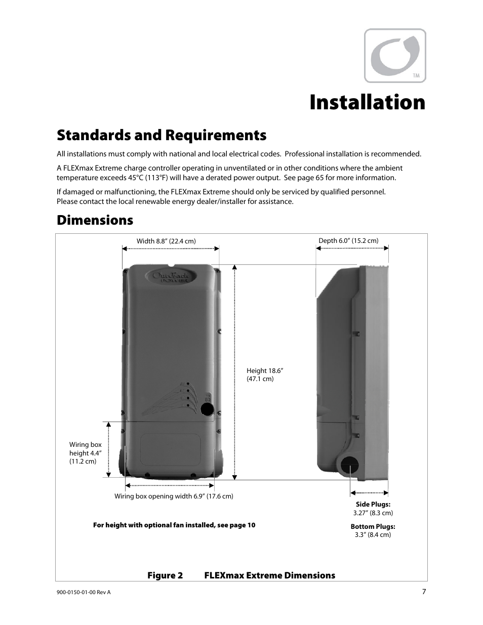 Installation, Standards and requirements, Dimensions | Outback Power Systems FLEXmax Extreme Owners Manual User Manual | Page 9 / 84