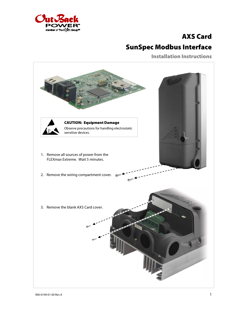 Outback Power Systems AXS Card SunSpec Modbus Interface Installation Instructions User Manual | 2 pages