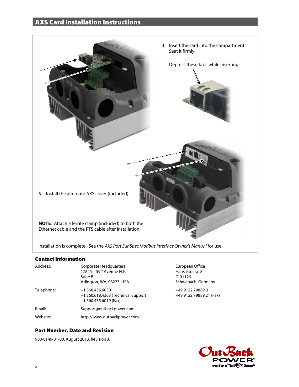 Axs card installation instructions | Outback Power Systems AXS Card SunSpec Modbus Interface Installation Instructions User Manual | Page 2 / 2
