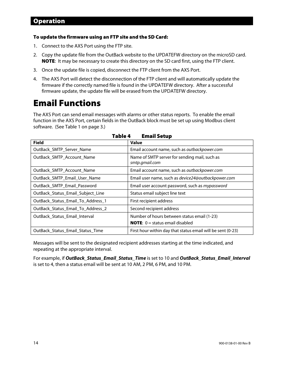 Email functions, Operation | Outback Power Systems AXS Port SunSpec Modbus Interface Owners Manual User Manual | Page 16 / 20