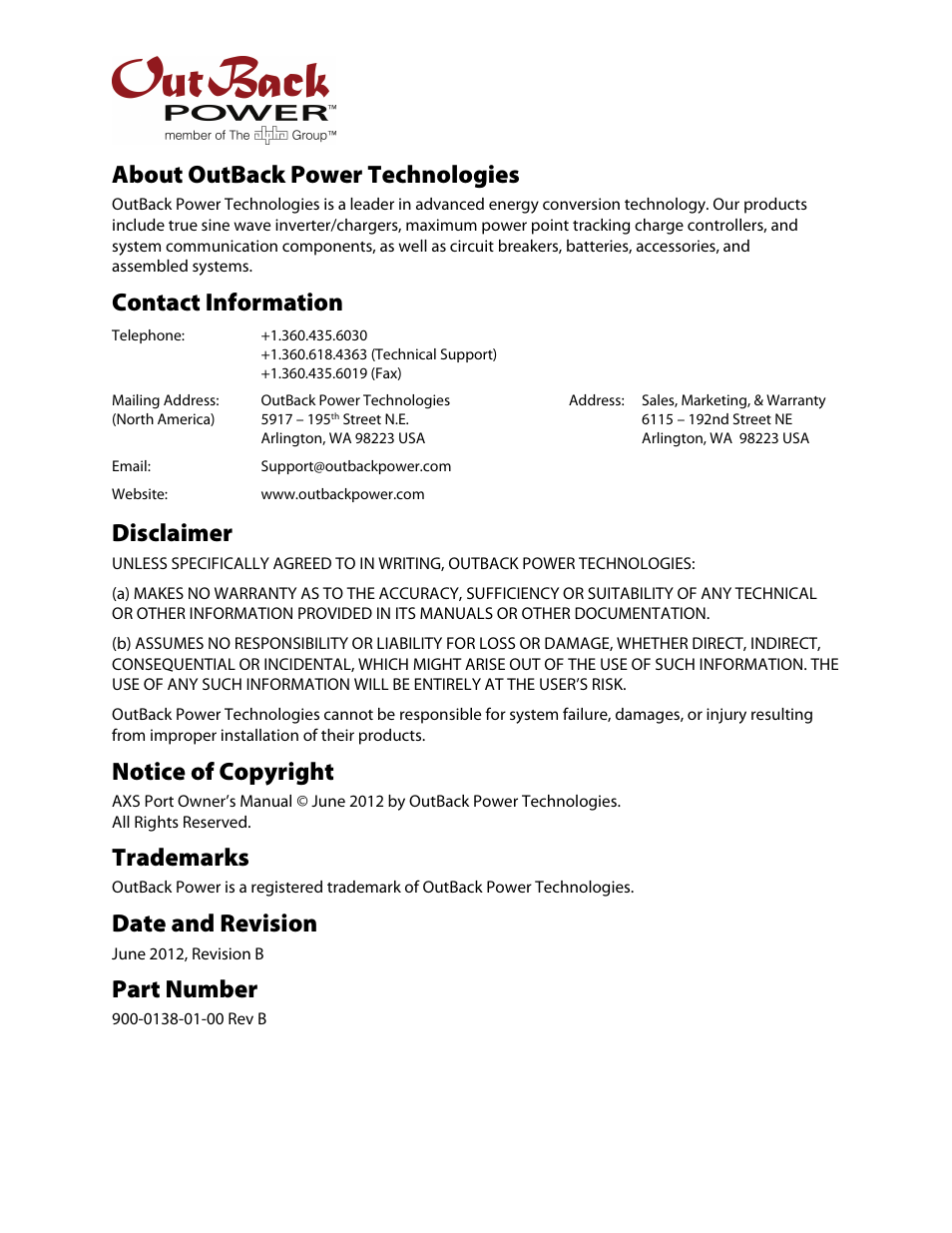 About outback power technologies, Contact information, Disclaimer | Notice of copyright, Trademarks, Date and revision, Part number | Outback Power Systems AXS Port SunSpec Modbus Interface Owners Manual User Manual | Page 2 / 20