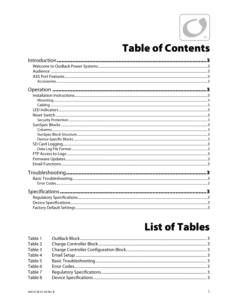 Outback Power Systems AXS Port SunSpec Modbus Interface Owners Manual User Manual | Page 3 / 20