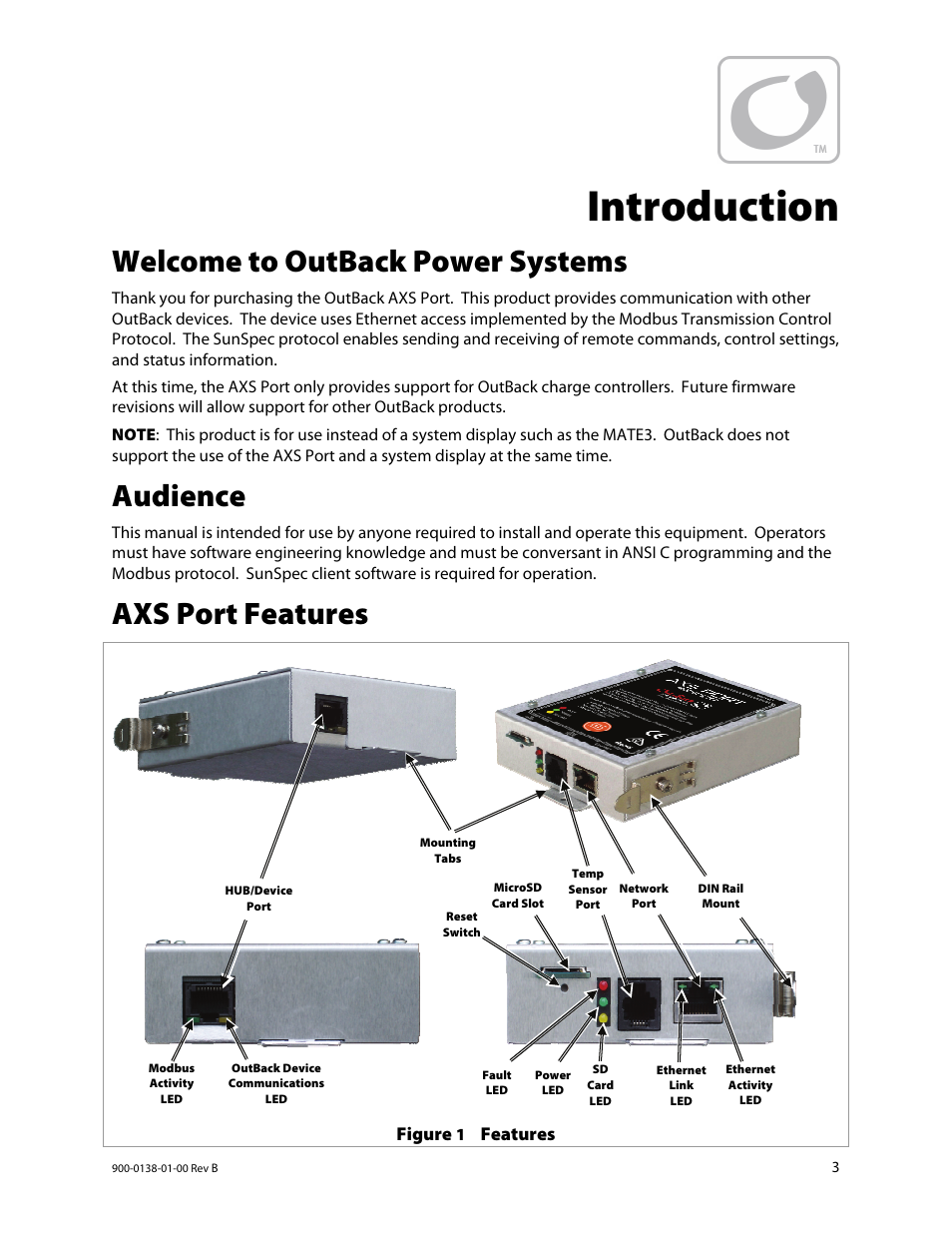 Introduction, Welcome to outback power systems, Audience | Axs port features | Outback Power Systems AXS Port SunSpec Modbus Interface Owners Manual User Manual | Page 5 / 20