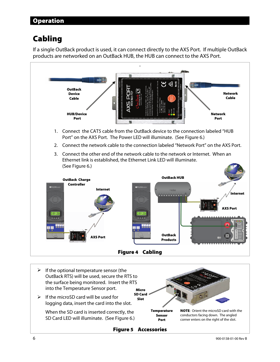 Cabling, Operation | Outback Power Systems AXS Port SunSpec Modbus Interface Owners Manual User Manual | Page 8 / 20