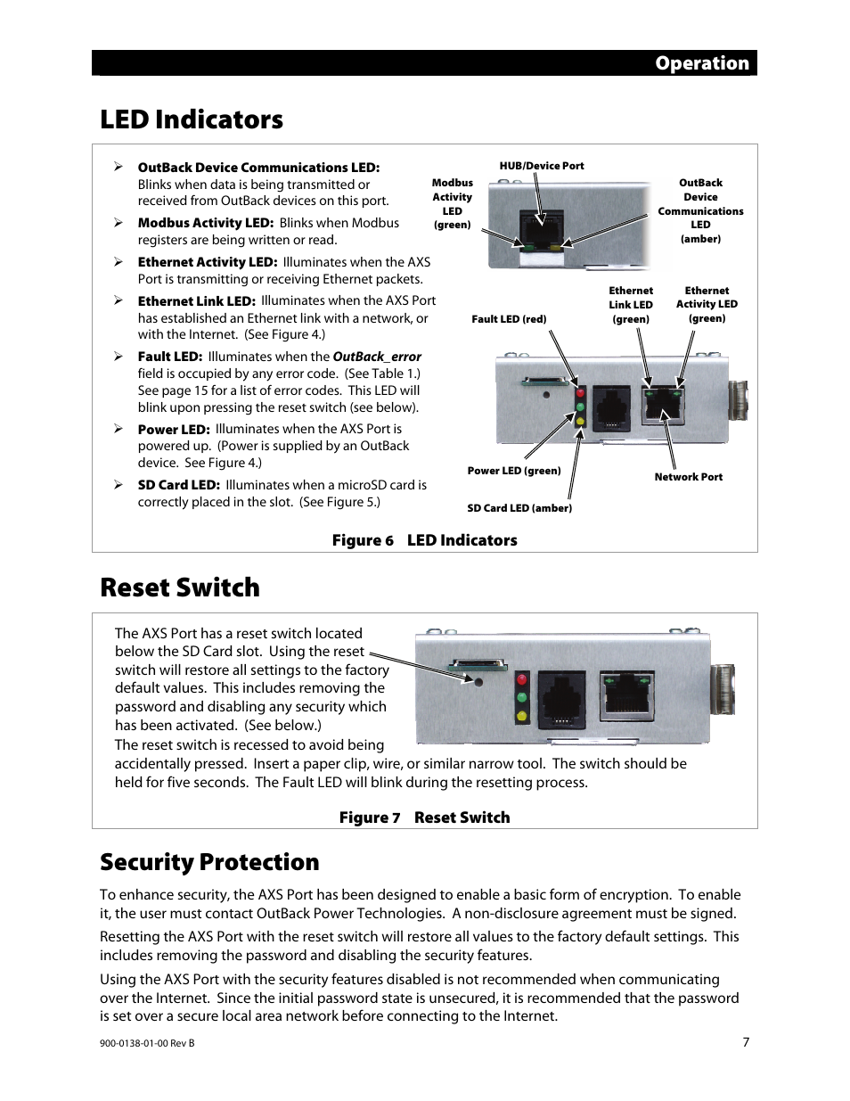 Led indicators, Reset switch, Security protection | Operation | Outback Power Systems AXS Port SunSpec Modbus Interface Owners Manual User Manual | Page 9 / 20