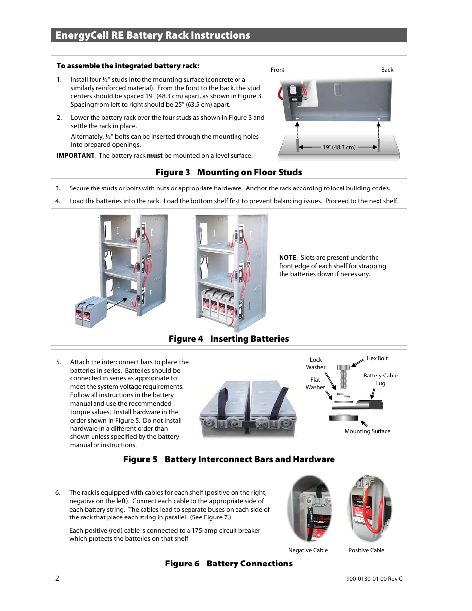 Energycell re battery rack instructions, Figure 3 mounting on floor studs, Figure 4 inserting batteries | Figure 5 battery interconnect bars and hardware, Figure 6 battery connections | Outback Power Systems IBR-2 User Manual | Page 2 / 4