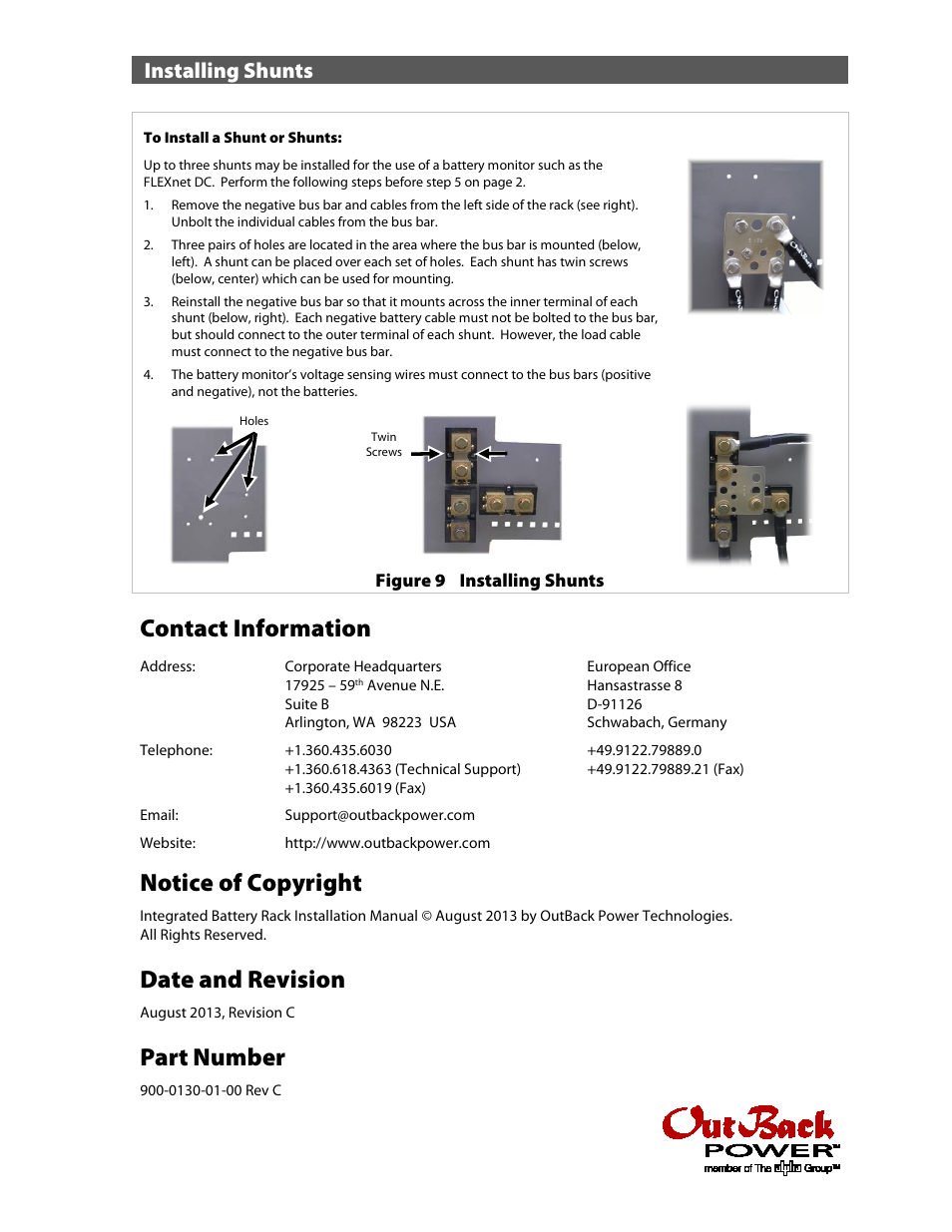 0130-01-00 rev c, Contact information, Notice of copyright | Date and revision, Part number, Installing shunts | Outback Power Systems IBR-2 User Manual | Page 4 / 4