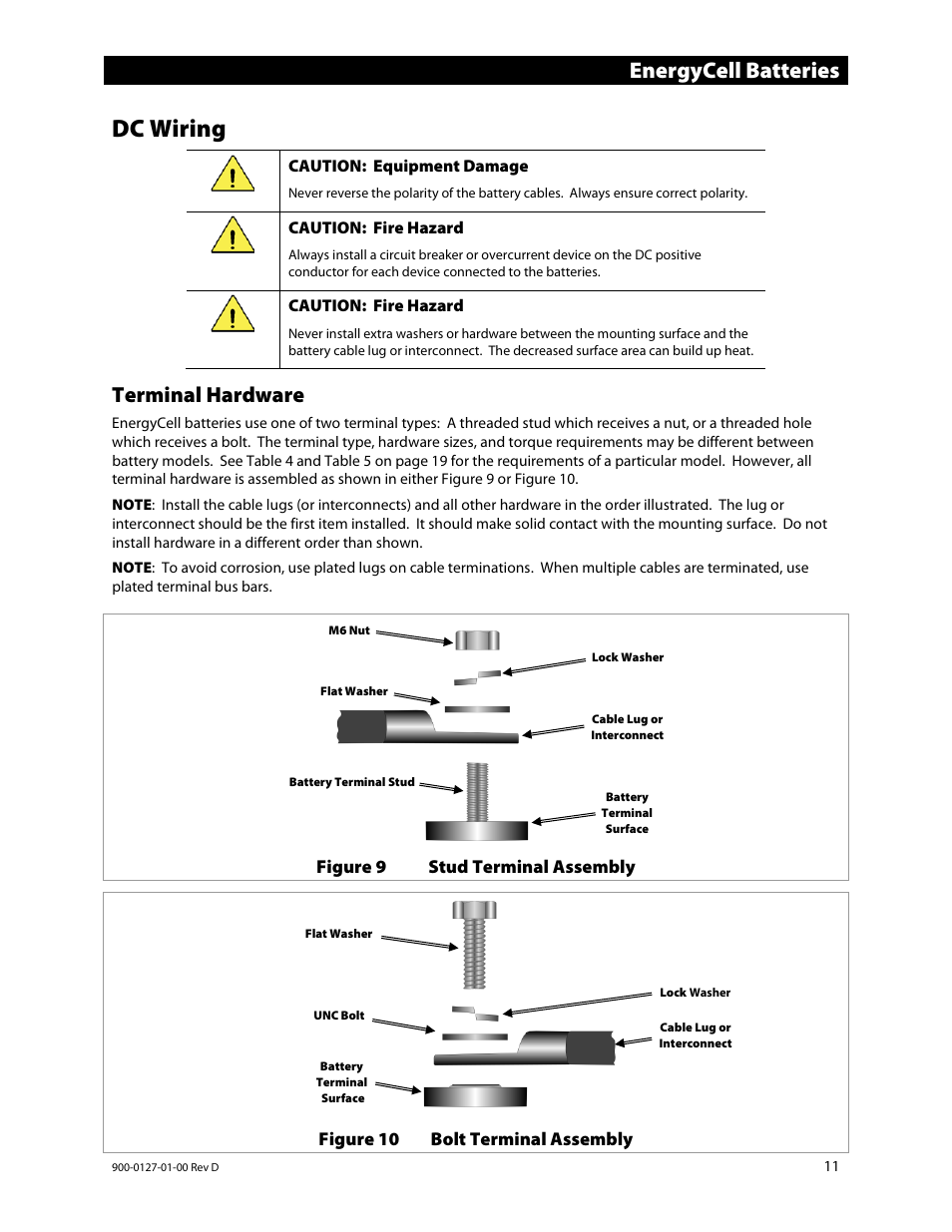 Dc wiring, Terminal hardware, Energycell batteries | Outback Power Systems EnergyCell RE Battery Owners Manual User Manual | Page 11 / 24