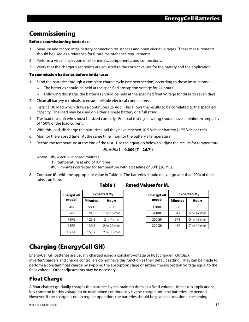 Commissioning, Charging (energycell gh), Float charge | Energycell batteries, Table 1 rated values for m | Outback Power Systems EnergyCell RE Battery Owners Manual User Manual | Page 13 / 24