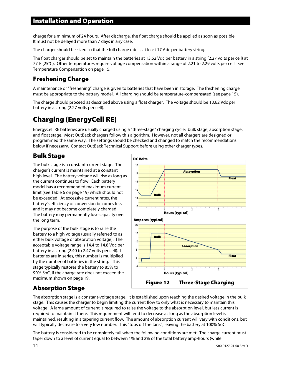Freshening charge, Charging (energycell re), Bulk stage | Absorption stage, S 14 a, Installation and operation | Outback Power Systems EnergyCell RE Battery Owners Manual User Manual | Page 14 / 24