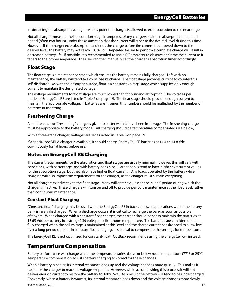 Float stage, Freshening charge, Notes on energycell re charging | Constant-float charging, Temperature compensation, E 15, E 15), Energycell batteries | Outback Power Systems EnergyCell RE Battery Owners Manual User Manual | Page 15 / 24