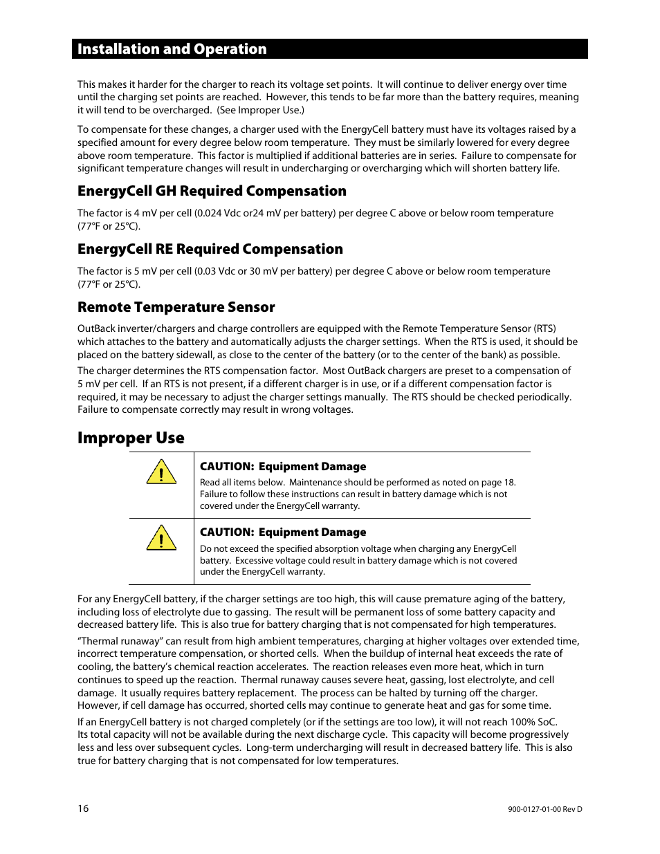 Energycell gh required compensation, Energycell re required compensation, Remote temperature sensor | Improper use, Installation and operation | Outback Power Systems EnergyCell RE Battery Owners Manual User Manual | Page 16 / 24