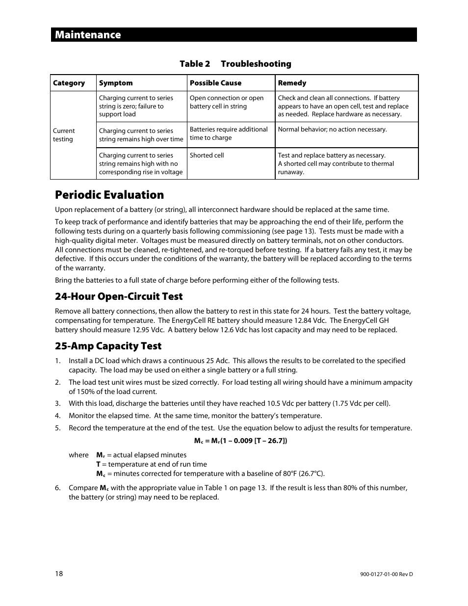 Periodic evaluation, Hour open-circuit test, Amp capacity test | Maintenance, Table 2 troubleshooting | Outback Power Systems EnergyCell RE Battery Owners Manual User Manual | Page 18 / 24