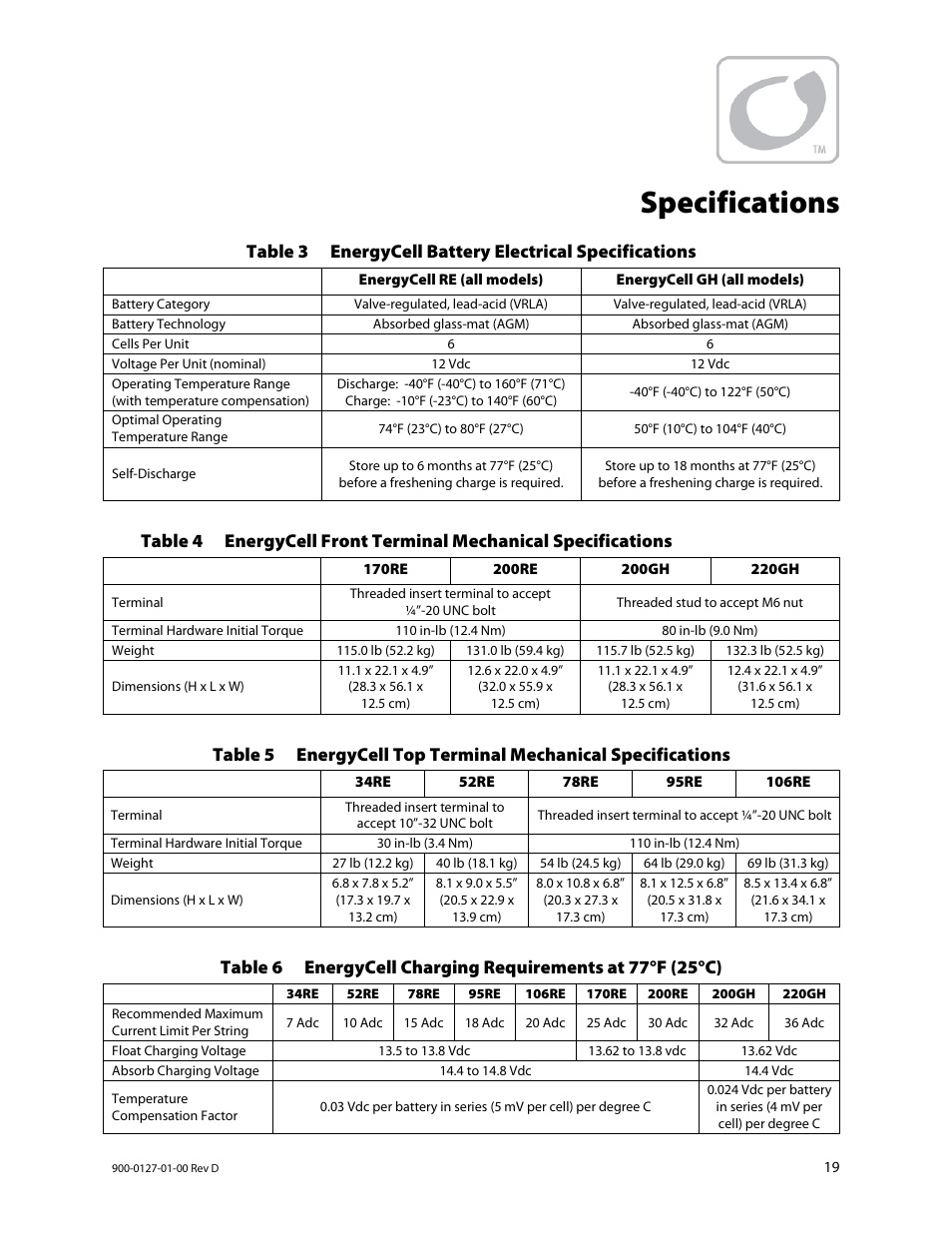 Specifications, Ee table 4, Nd table 5 on | E 19 f, Ee table 6 o, In table 6, Ge 19 | Outback Power Systems EnergyCell RE Battery Owners Manual User Manual | Page 19 / 24