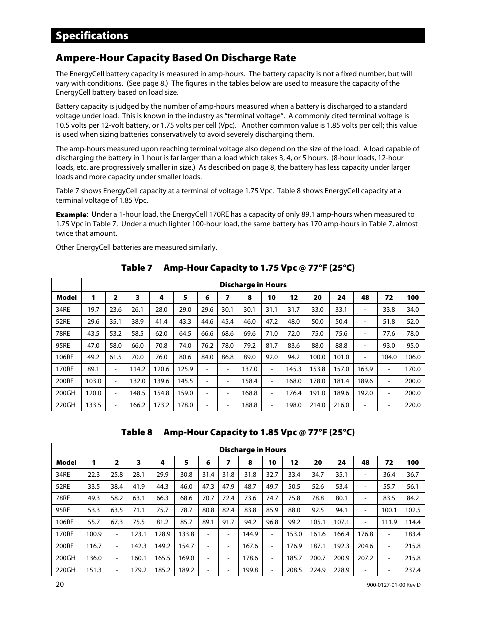 Ampere-hour capacity based on discharge rate, Specifications | Outback Power Systems EnergyCell RE Battery Owners Manual User Manual | Page 20 / 24