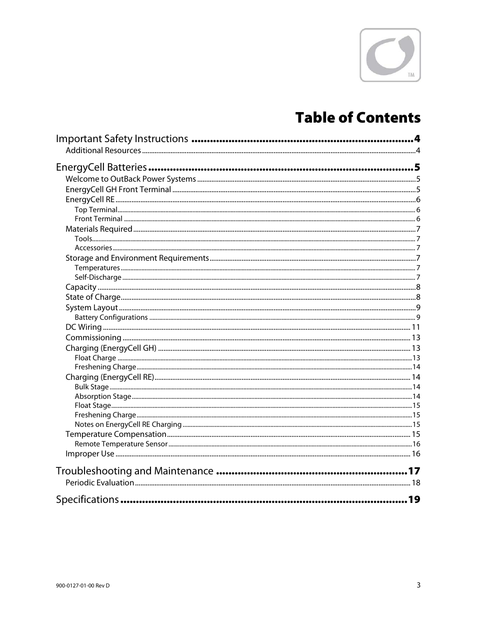 Outback Power Systems EnergyCell RE Battery Owners Manual User Manual | Page 3 / 24