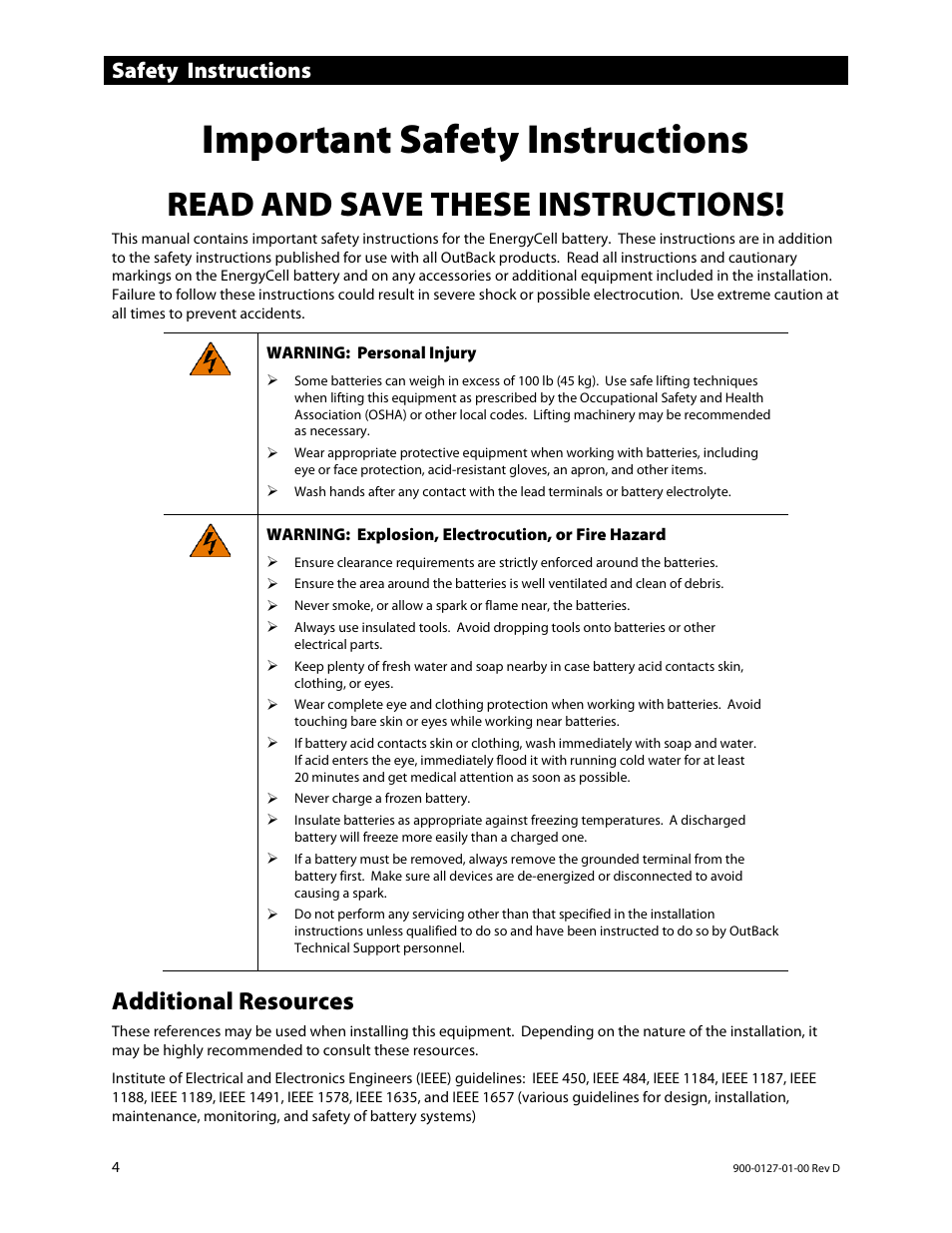 Important safety instructions, Additional resources, Read and save these instructions | Safety instructions | Outback Power Systems EnergyCell RE Battery Owners Manual User Manual | Page 4 / 24