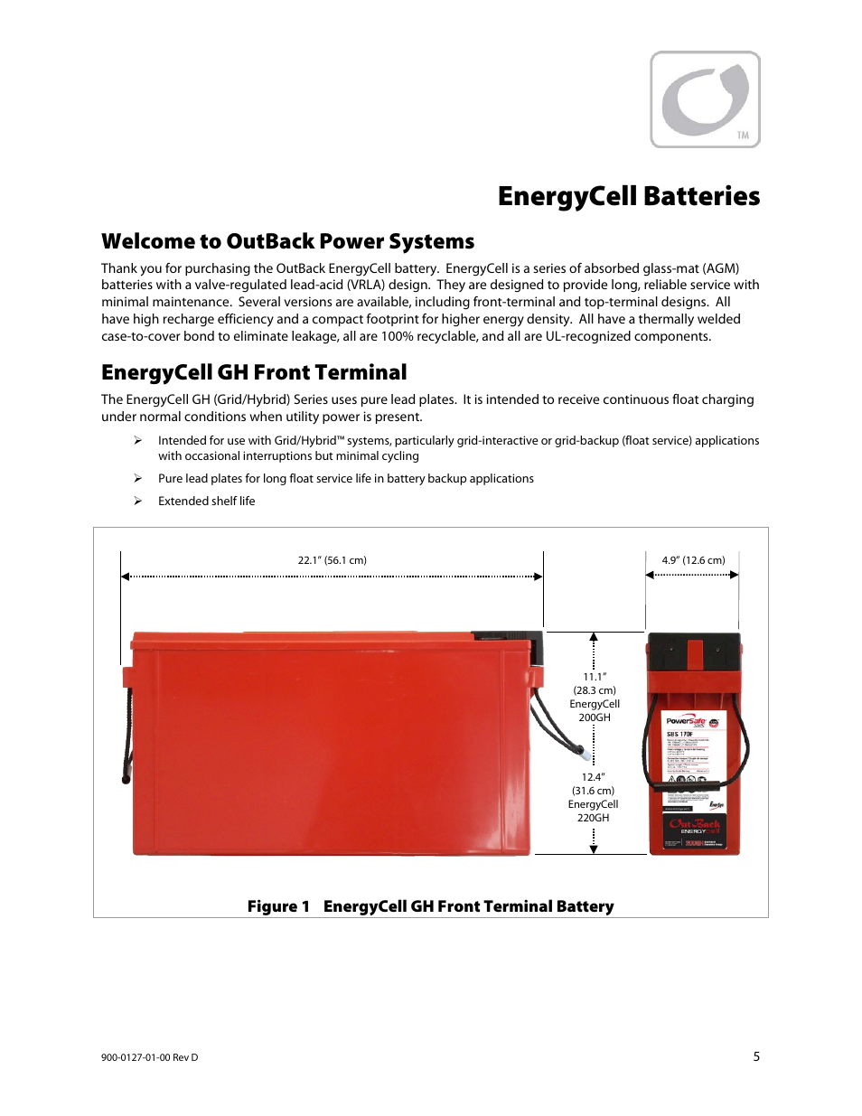 Energycell batteries, Welcome to outback power systems, Energycell gh front terminal | Outback Power Systems EnergyCell RE Battery Owners Manual User Manual | Page 5 / 24