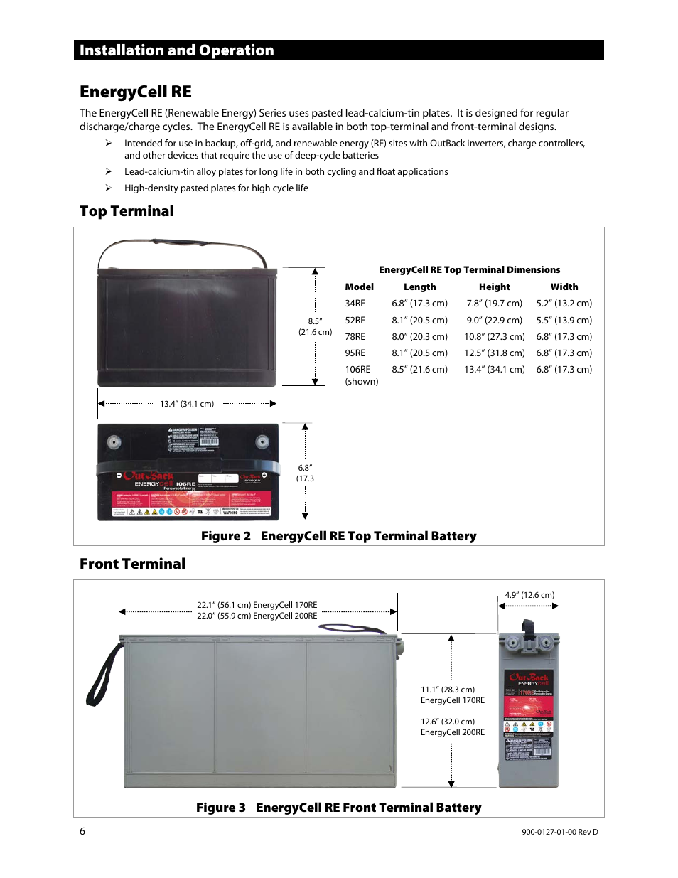 Energycell re, Top terminal, Front terminal | Installation and operation | Outback Power Systems EnergyCell RE Battery Owners Manual User Manual | Page 6 / 24