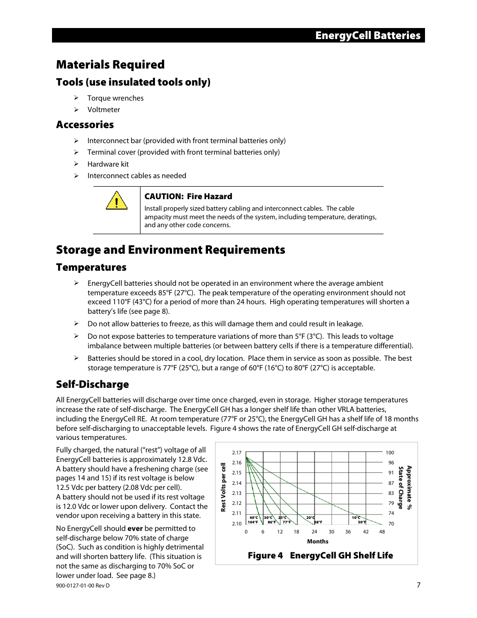 Materials required, Tools (use insulated tools only), Accessories | Storage and environment requirements, Temperatures, Self-discharge, Tools, Energycell batteries, Figure 4 energycell gh shelf life, Caution: fire hazard | Outback Power Systems EnergyCell RE Battery Owners Manual User Manual | Page 7 / 24