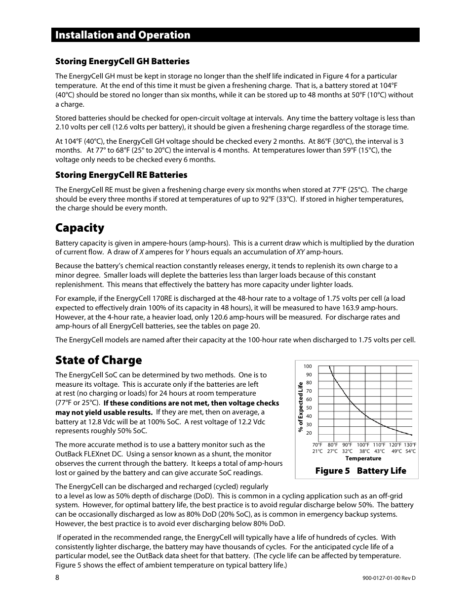 Storing energycell gh batteries, Storing energycell re batteries, Capacity | State of charge, E 8), E 8.), Installation and operation | Outback Power Systems EnergyCell RE Battery Owners Manual User Manual | Page 8 / 24