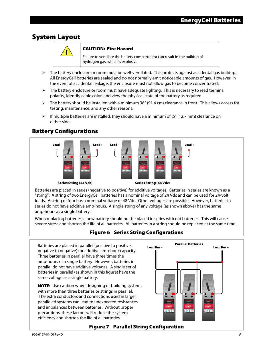 System layout, Battery configurations, Energycell batteries | Figure 6 series string configurations, Figure 7 parallel string configuration, Caution: fire hazard | Outback Power Systems EnergyCell RE Battery Owners Manual User Manual | Page 9 / 24