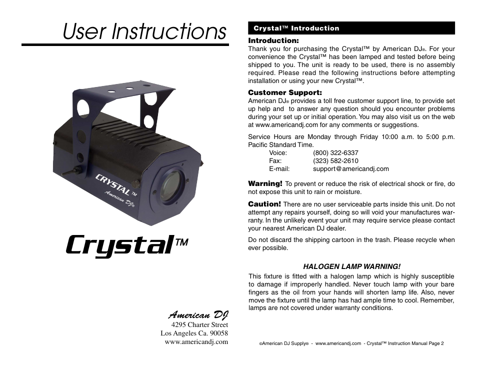 American DJ Crystal User Manual | 2 pages