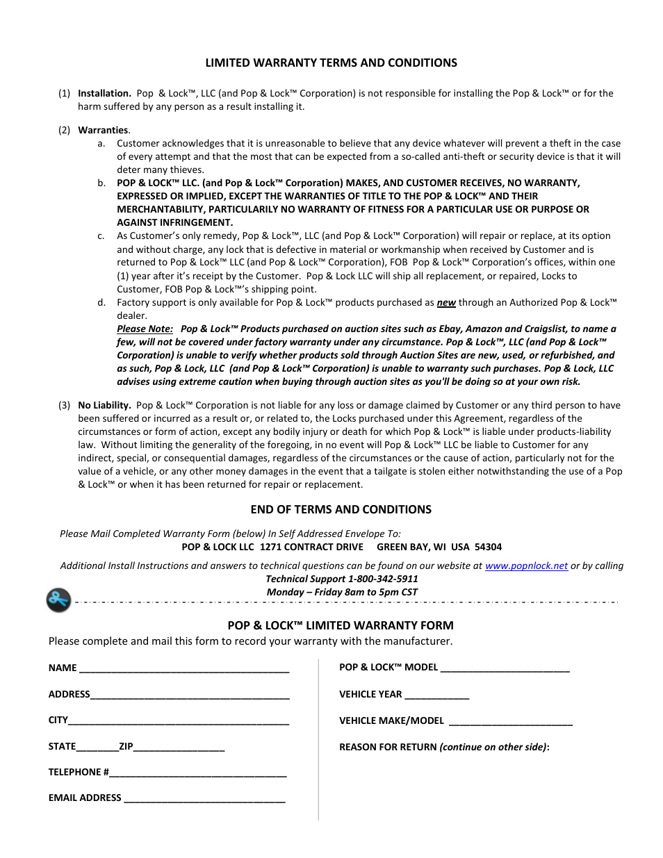 Pop & Lock PL1100C User Manual | Page 2 / 2