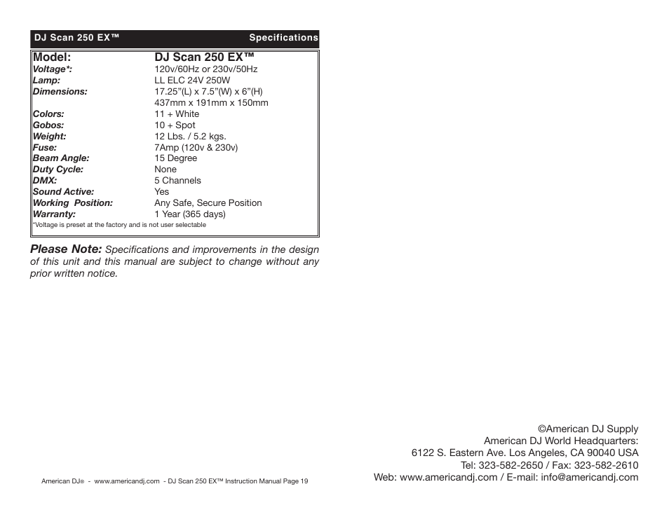 American DJ DJ Scan 250EX User Manual | Page 10 / 10