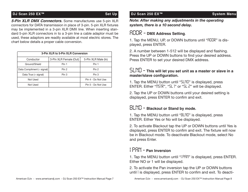 Addr, Slnd, Blnd | I pan | American DJ DJ Scan 250EX User Manual | Page 4 / 10