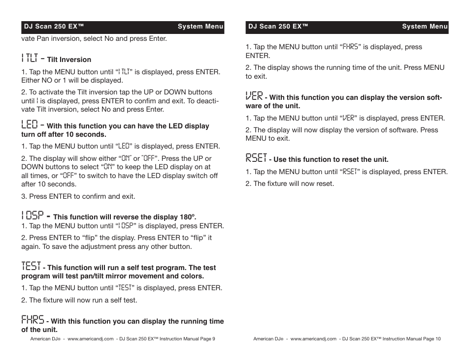 I tlt, I dsp, Test | Fhrs, Rset | American DJ DJ Scan 250EX User Manual | Page 5 / 10