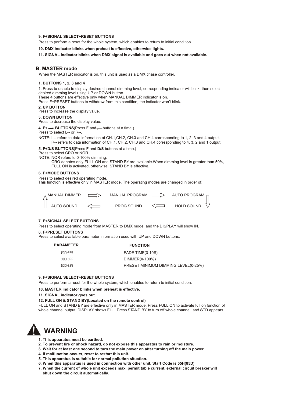 Warning, B. master mode | American DJ Bar-T-Cue User Manual | Page 2 / 3