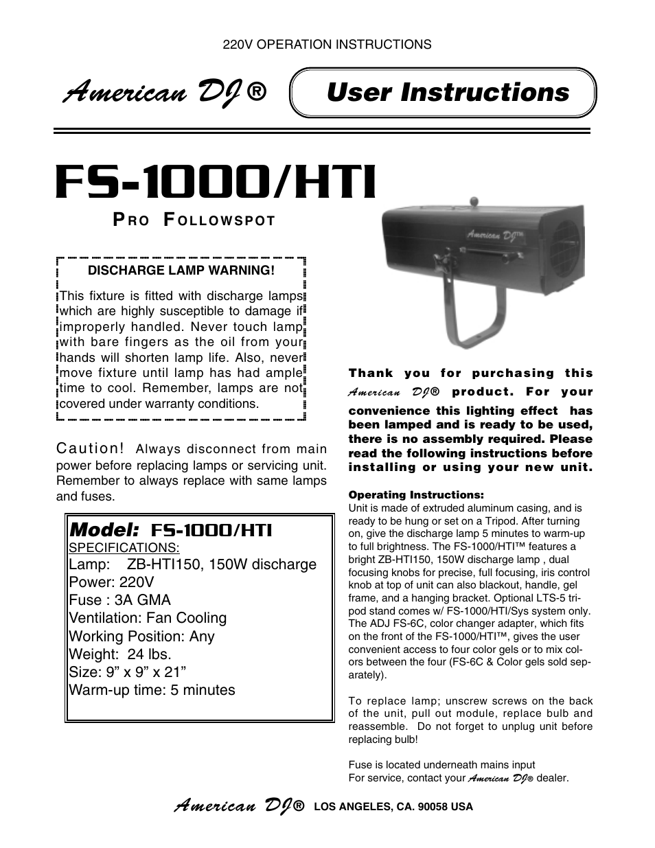 Fs-1000/hti, User instructions, American dj | Model: fs-1000/hti | American DJ FS-1000 User Manual | Page 2 / 2