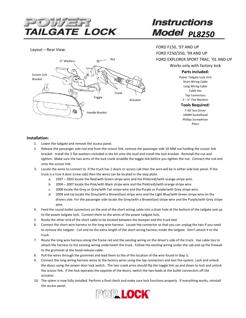 Pop & Lock PL8250 User Manual | 2 pages