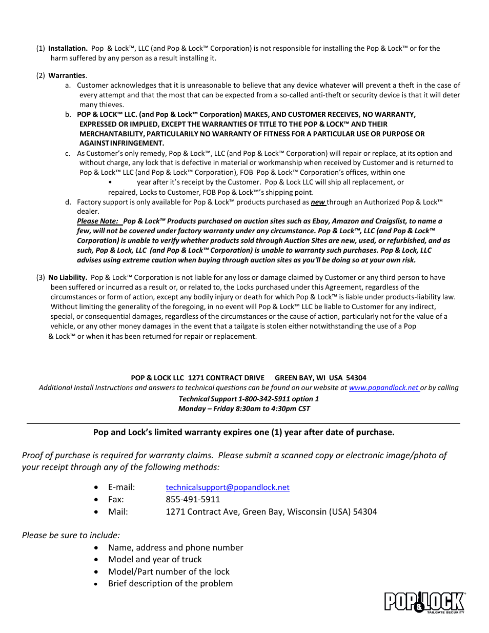 Pop & Lock PL8250 User Manual | Page 2 / 2