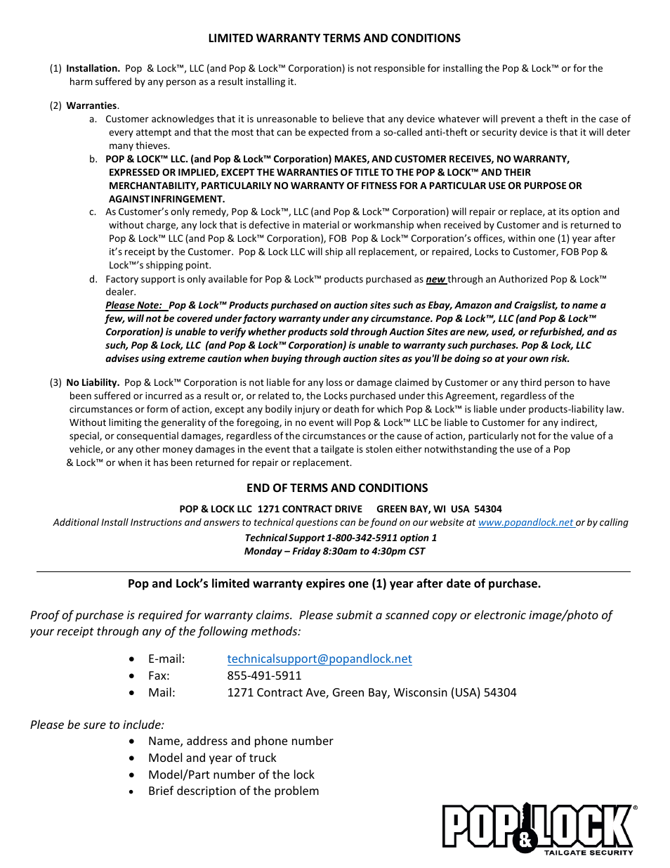 Pop & Lock PL8535 User Manual | Page 2 / 2