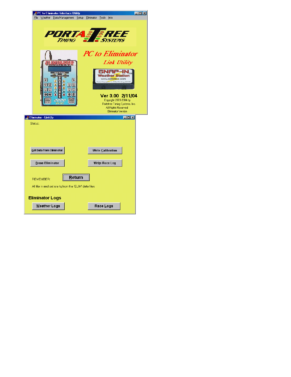 Race and weather log screens | PortaTree Snap-In Weather used with the Eliminator 2000 Practice Tree User Manual | Page 7 / 9