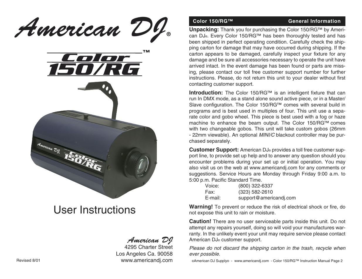 American DJ 150/RG User Manual | 10 pages