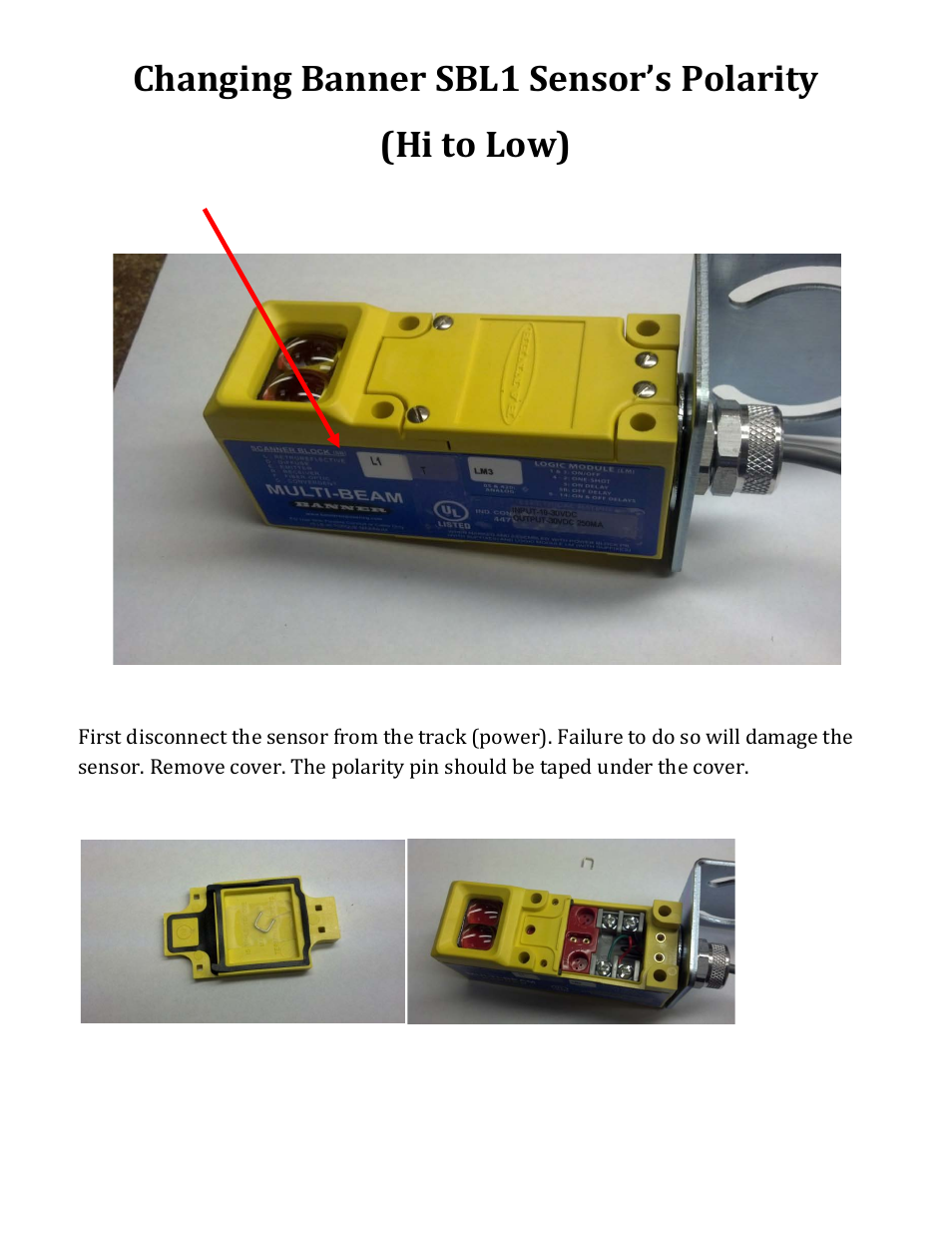Changing banner sbl1 sensor’s polarity (hi to low) | PortaTree Snowmobile Start Line Sensors User Manual | Page 2 / 3