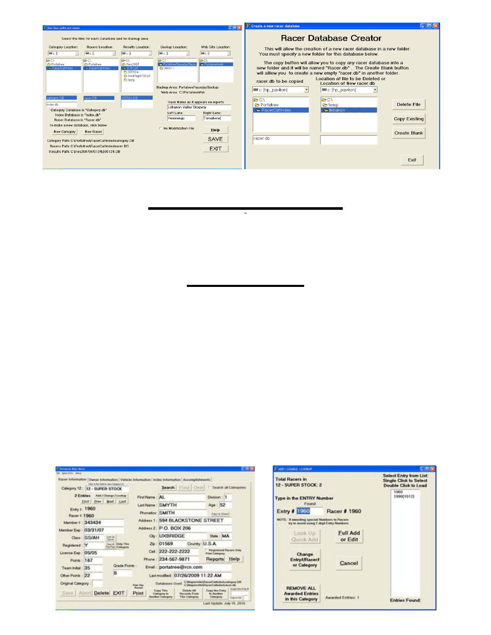 Drag race program, Racer entry | PortaTree Pro-Ultimate (Gold Box) Firmware Version 2.14 User Manual | Page 3 / 10