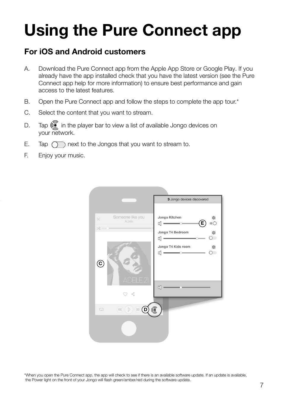 Using the pure connect app, For ios and android customers | Pure Jongo T2 User Manual | Page 9 / 14