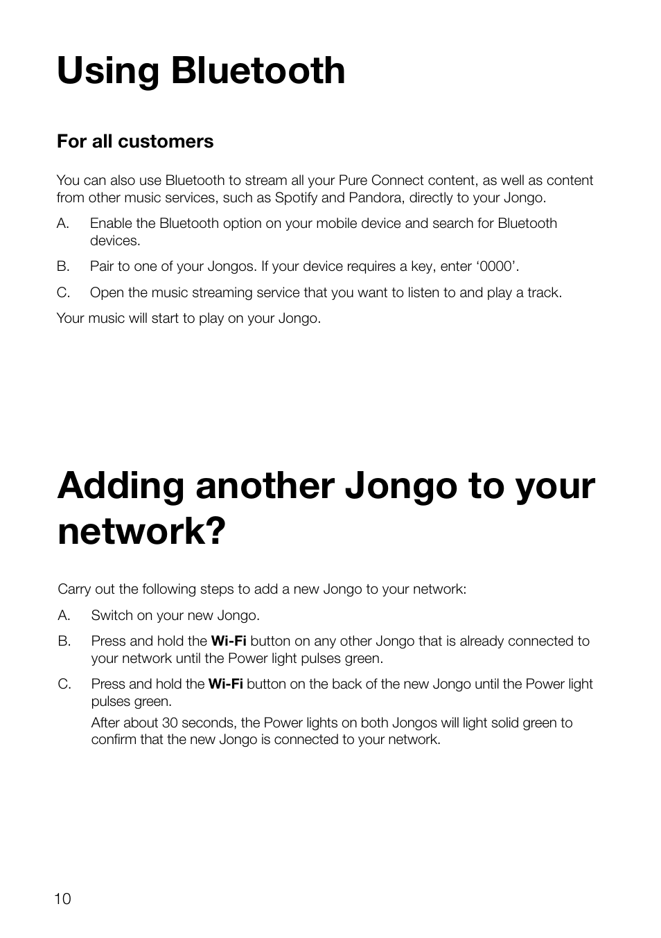 Using bluetooth, Adding another jongo to your network | Pure Jongo S3 - Quick Start Guide User Manual | Page 12 / 16