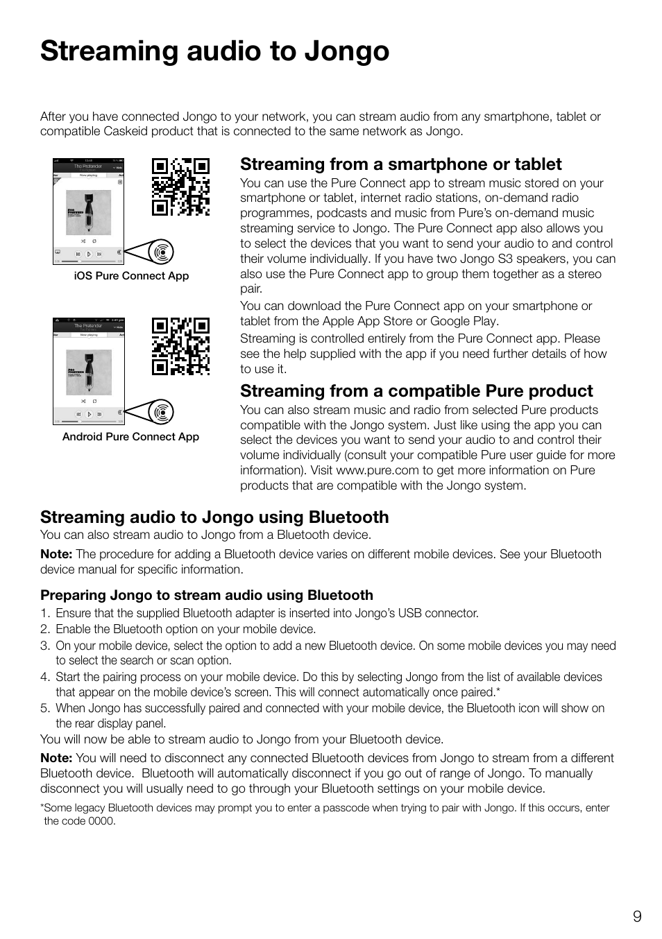 Streaming audio to jongo, Streaming from a compatible pure product, Streaming from a smartphone or tablet | Streaming audio to jongo using bluetooth | Pure Jongo S3 - User Guide User Manual | Page 11 / 20