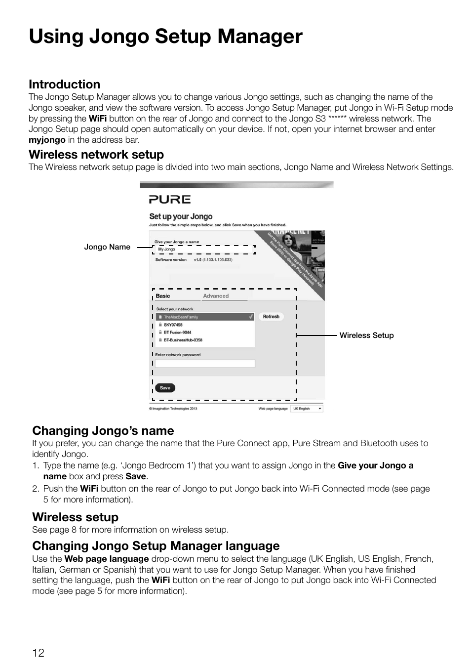 Using jongo setup manager, Introduction, Wireless network setup | Changing jongo’s name, Wireless setup, Changing jongo setup manager language | Pure Jongo S3 - User Guide User Manual | Page 14 / 20